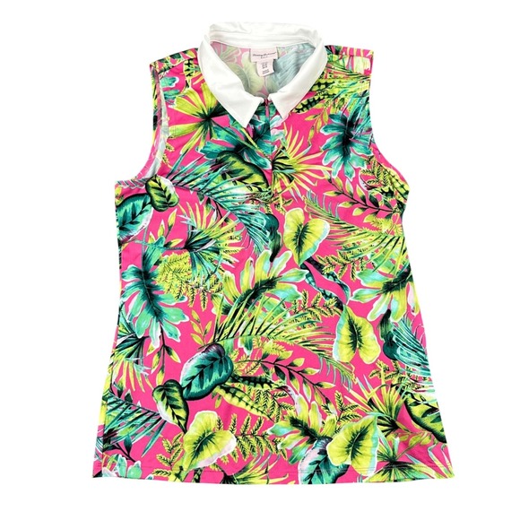 Tommy Bahama Tops - Tommy Bahama Golf Womens M Sleeveless Polo Pink Lime Tropical Leaf Print Floral
